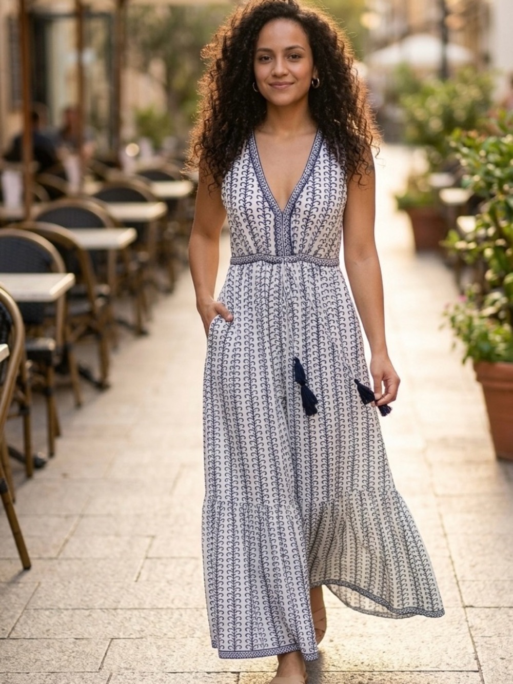 La Plage White & Navy Cotton Maxi Dress Tassel Drawstring Pockets Boho Beach S